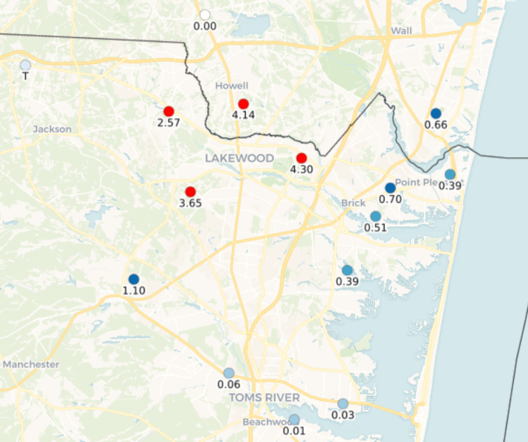 Figure 8. Precipitation across northeastern Ocean County and southeastern Monmouth County from approximately 8 AM on August 5th through 8 AM August 6th based on NJ CoCoRaHS observations. Rainfall totals are in inches. Precipitation across northeastern Ocean County and southeastern Monmouth County from approximately 8 AM on August 5th through 8 AM August 6th based on NJ CoCoRaHS observations. Rainfall totals are in inches.