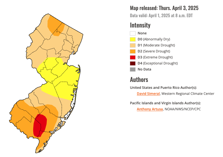 Figure 7. U.S. Drought Monitor map of conditions in NJ as of April 1, 2025. U.S. Drought Monitor map of conditions in NJ as of April 1, 2025.