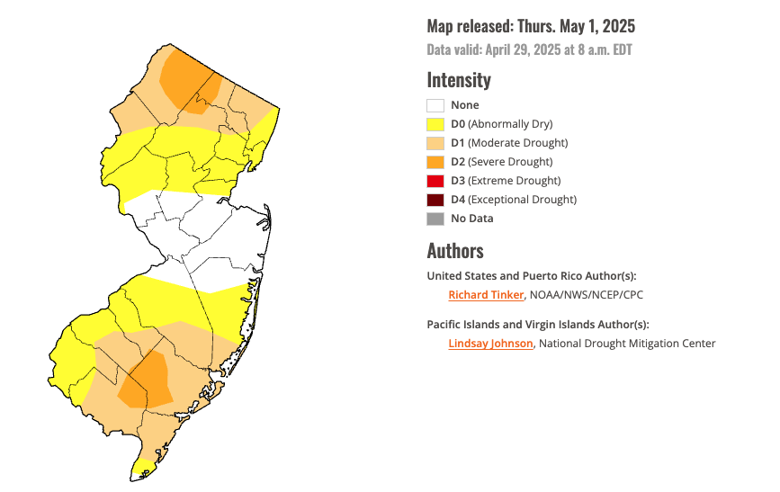 Figure 10. U.S. Drought Monitor map of conditions in NJ as of April 29, 2025. U.S. Drought Monitor map of conditions in NJ as of April 29, 2025.
