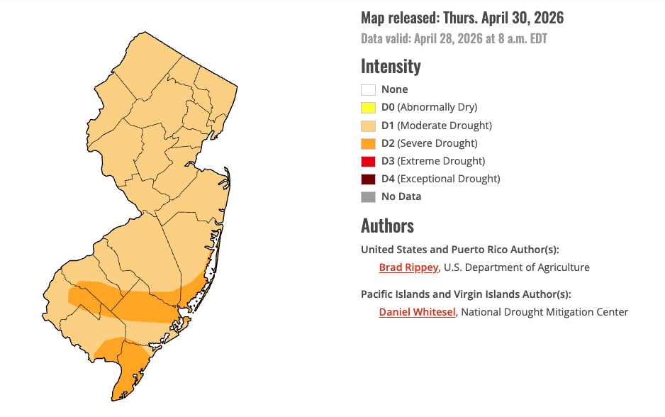 Figure 10. U.S. Drought Monitor map of conditions in NJ as of April 28, 2026. U.S. Drought Monitor map of conditions in NJ as of April 28, 2026.