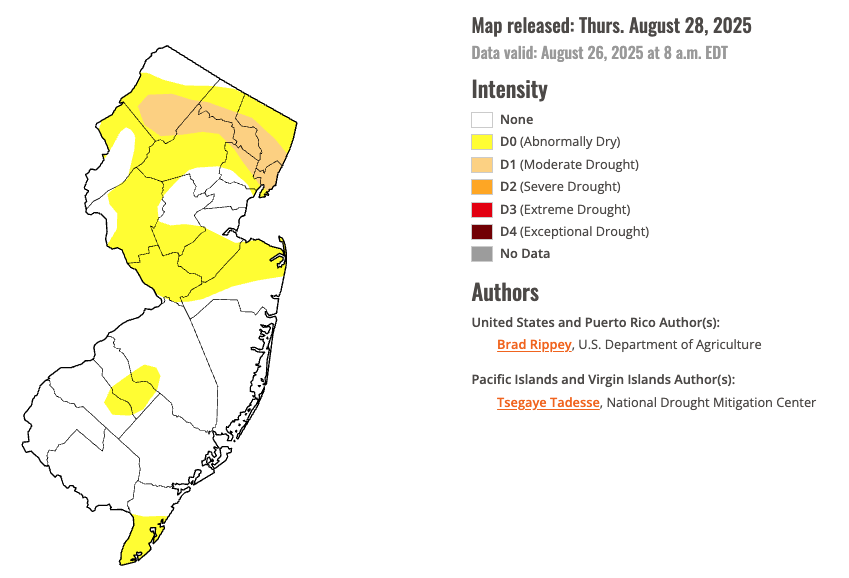 Figure 8. U.S. Drought Monitor map of conditions in NJ as of August 26th (National Drought Mitigation Center). U.S. Drought Monitor map of conditions in NJ as of August 26th.
