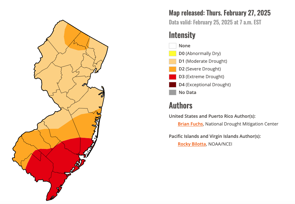 Figure 17. U.S. Drought Monitor map of conditions in NJ as of February 25, 2025. Figure 17. U.S. Drought Monitor map of conditions in NJ as of February 25, 2025.