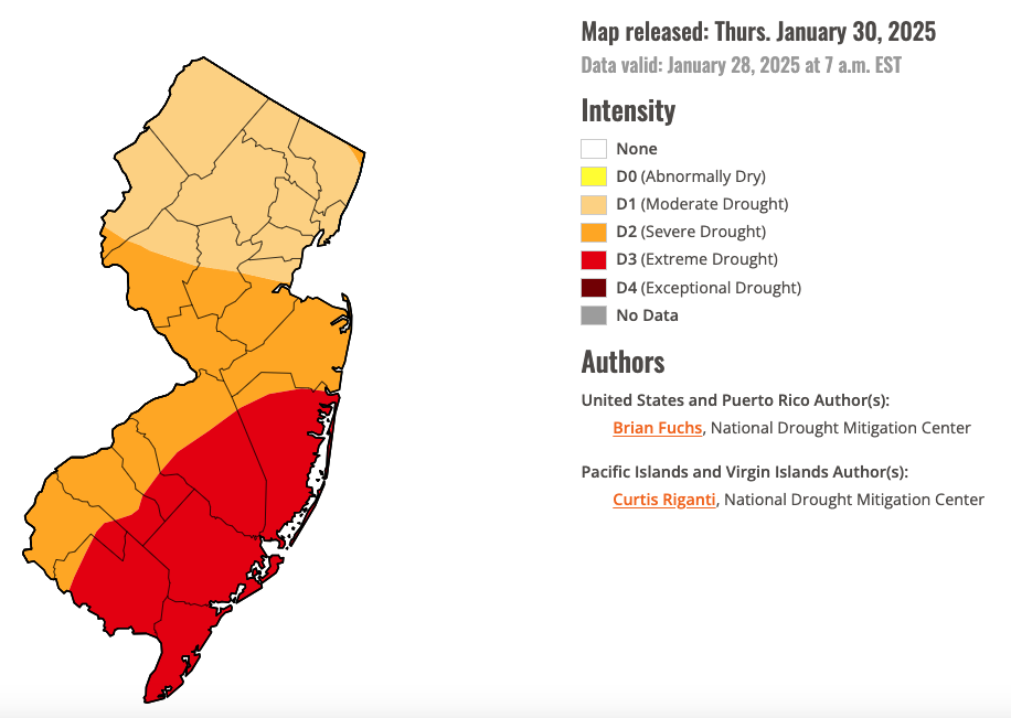 Figure 9. U.S. Drought Monitor map of conditions in NJ as of January 28, 2025. U.S. Drought Monitor map of conditions in NJ as of January 28, 2025.
