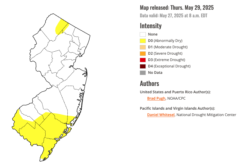 Figure 10. U.S. Drought Monitor map of conditions in NJ as of May 27, 2025. U.S. Drought Monitor map of conditions in NJ as of May 27, 2025.