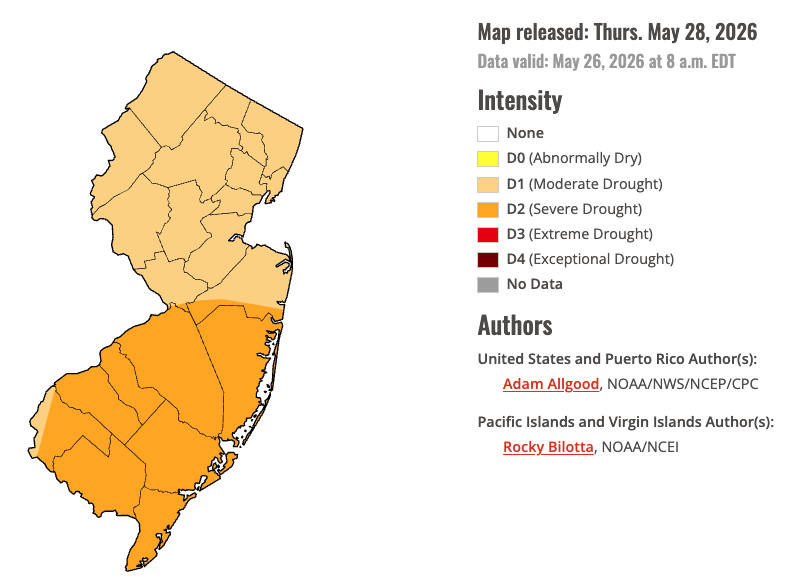U.S. Drought Monitor map of conditions in NJ as of May 26, 2026.