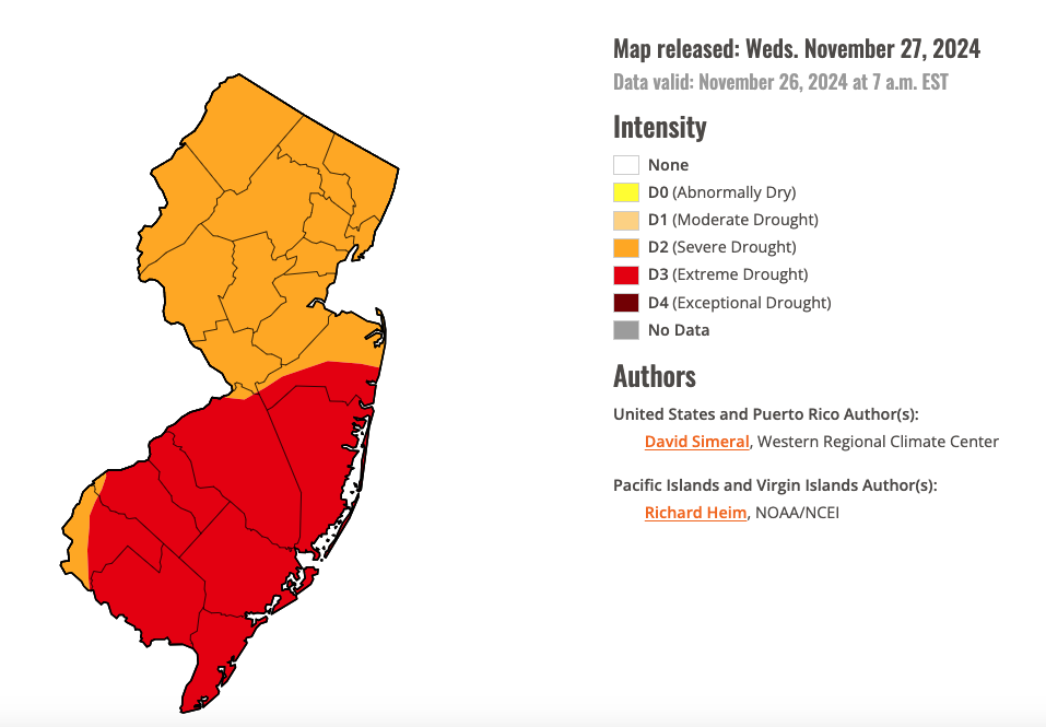 Figure 9. U.S. Drought Monitor map of conditions in NJ as of November 26, 2024. U.S. Drought Monitor map of conditions in NJ as of November 26, 2024.