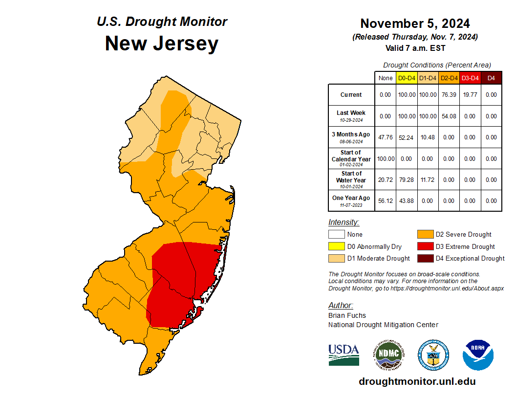 Figure 2. U.S. Drought Monitor map of conditions in NJ as of November 5, 2024. U.S. Drought Monitor map of conditions in NJ as of November 5, 2024.