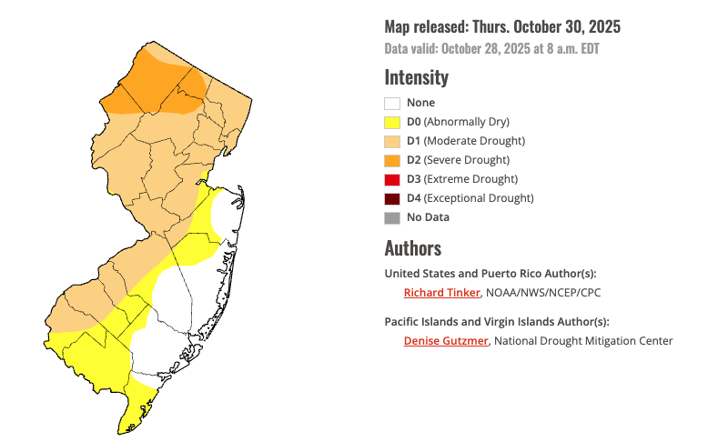 Figure 6. U.S. Drought Monitor map of conditions in NJ as of October 28th, 2025. U.S. Drought Monitor map of conditions in NJ as of October 28, 2025.