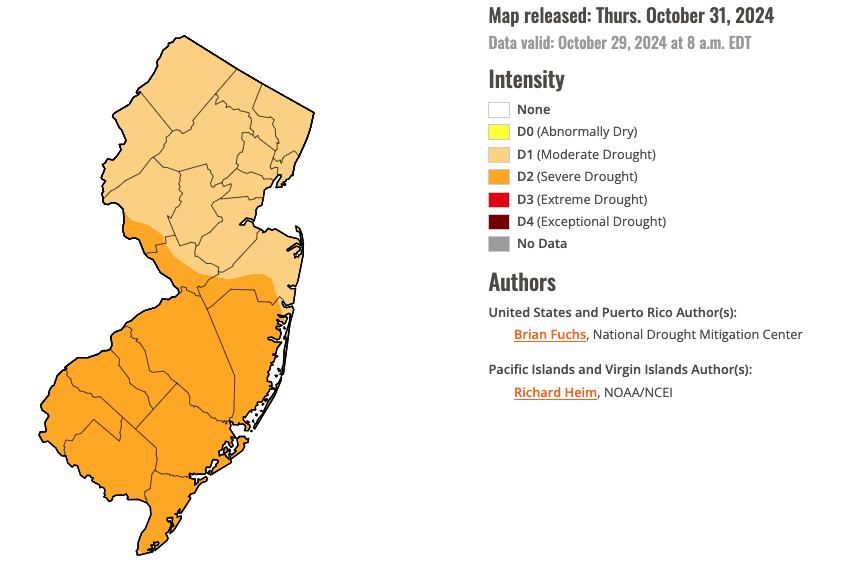 Figure 3. U.S. Drought Monitor map of conditions in NJ as of October 29, 2024. U.S. Drought Monitor map of conditions in NJ as of October 29, 2024.