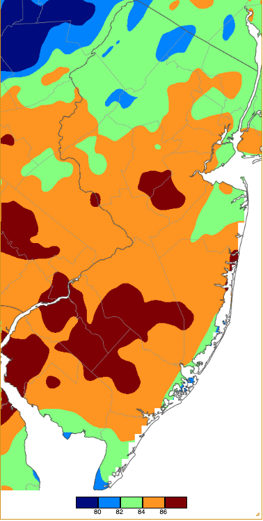 Figure 13. Extreme maximum temperatures during fall 2024 (September 1st–November 30th) based on a PRISM (Oregon State University) analysis generated using NWS, NJWxNet, and other professional weather stations. The seasonal maximum occurred on different days at different locations. Extreme maximum temperatures during fall 2024 (September 1st–November 30th) based on a PRISM (Oregon State University) analysis generated using NWS, NJWxNet, and other professional weather stations. The seasonal maximum occurred on different days at different locations.