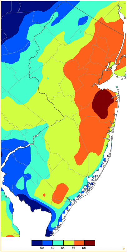 Figure 2. Maximum temperatures on February 16th based on a PRISM (Oregon State University) analysis generated using NWS, NJWxNet, and other professional weather stations. Note the 2-degree scale beneath the map. Maximum temperatures on February 16th based on a PRISM (Oregon State University) analysis generated using NWS, NJWxNet, and other professional weather stations.