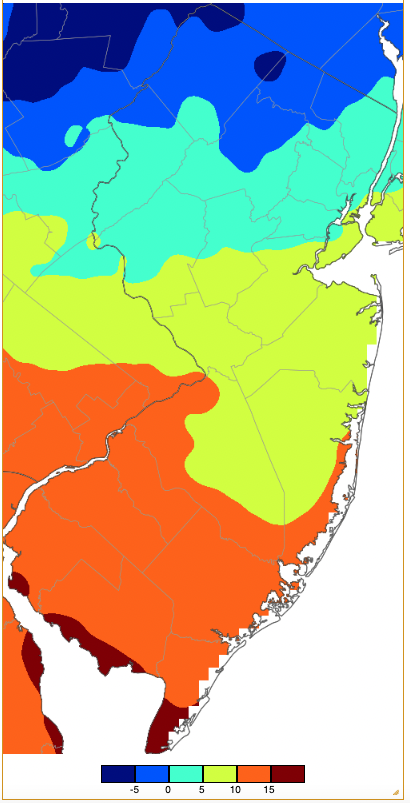 Figure 5. Minimum temperatures on February 4th based on a PRISM (Oregon State University) analysis generated using NWS, NJWxNet, and other professional weather stations. Note the 5-degree scale beneath the map. Minimum temperatures on February 4th based on a PRISM (Oregon State University) analysis generated using NWS, NJWxNet, and other professional weather stations.