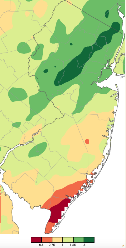 Figure 8. Precipitation across New Jersey from 7 AM on February 15th through 7 AM February 17th based on a PRISM (Oregon State University) analysis generated using NWS Cooperative, CoCoRaHS, NJWxNet, and other professional weather station observations. Note the scale in this figure differs from Figures 2 and 3. Precipitation across New Jersey from 7 AM on February 15th through 7 AM February 17th based on a PRISM (Oregon State University) analysis generated using NWS Cooperative, CoCoRaHS, NJWxNet, and other professional weather station observations.