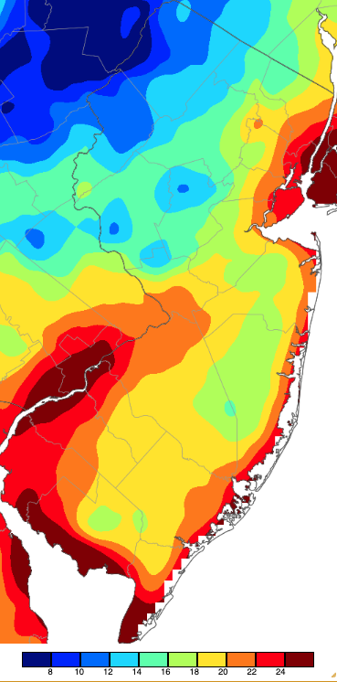 Figure 7. Minimum temperatures on February 18th based on a PRISM (Oregon State University) analysis generated using NWS, NJWxNet, and other professional weather stations. Note the 2° scale beneath the map. Minimum temperatures on February 18th based on a PRISM (Oregon State University) analysis generated using NWS, NJWxNet, and other professional weather stations.