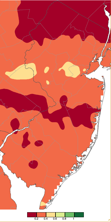 Figure 6. Precipitation across New Jersey from 7 AM on February 16th through 7 AM February 18th based on a PRISM (Oregon State University) analysis generated using NWS Cooperative and CoCoRaHS observations. Note the scale in inches beneath the map is the same as in Figure 2. Precipitation across New Jersey from 7 AM on February 16th through 7 AM February 18th based on a PRISM (Oregon State University) analysis generated using NWS Cooperative and CoCoRaHS observations.