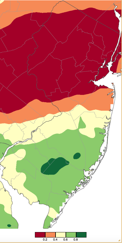 Figure 2. Precipitation across New Jersey from 7 AM on January 31st through 7 AM February 1st based on a PRISM (Oregon State University) analysis generated using NWS Cooperative, CoCoRaHS, NJWxNet, and other professional weather station observations. Note the scale in inches beneath the map. Precipitation across New Jersey from 7 AM on January 31st through 7 AM February 1st based on a PRISM (Oregon State University) analysis generated using NWS Cooperative, CoCoRaHS, NJWxNet, and other professional weather station observations.