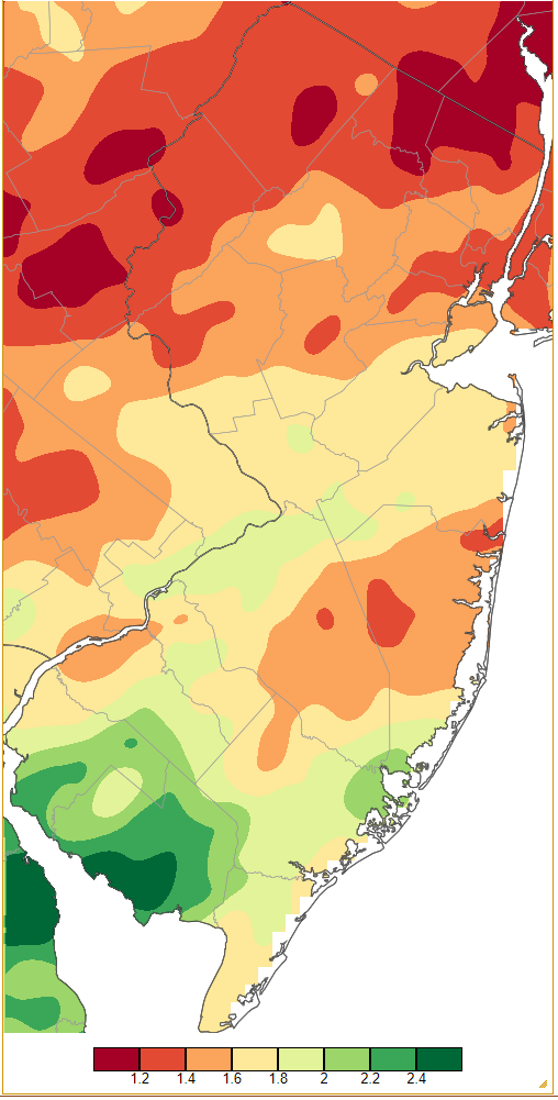 Figure 1. February 2023 precipitation across New Jersey based on a PRISM (Oregon State University) analysis generated using NWS Cooperative and CoCoRaHS observations from 7 AM on January 31st to 7 AM on February 28th. Note the scale in inches at the bottom of the map. Totals range from 1.00”–1.19” (dark red) to 2.40”–2.59” (dark green). February 2023 precipitation across New Jersey based on a PRISM (Oregon State University) analysis generated using NWS Cooperative and CoCoRaHS observations from 7 AM on January 31st to 7 AM on February 28th.
