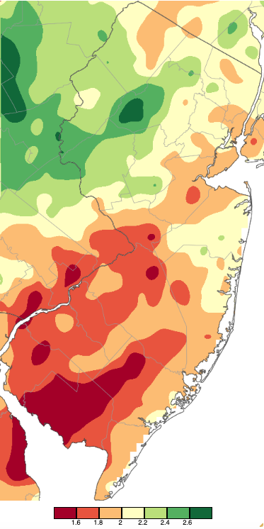 Figure 1. February 2024 precipitation across New Jersey based on a PRISM (Oregon State University) analysis generated using NWS Cooperative and CoCoRaHS observations from 7 AM on January 31st to 7 AM on February 29th. Note the scale in inches at the bottom of the map. Totals range from 1.40”–1.60” (dark red) to 2.60”–2.80” (dark green). February 2024 precipitation across New Jersey based on a PRISM (Oregon State University) analysis generated using NWS Cooperative and CoCoRaHS observations from 7 AM on January 31st to 7 AM on February 29th.