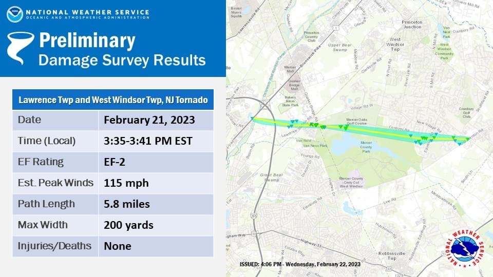 Figure 7. Preliminary National Weather Service tornado report for the February 21st event in Lawrence and West Windsor Townships. Preliminary National Weather Service tornado report for the February 21st event in Lawrence and West Windsor Townships.