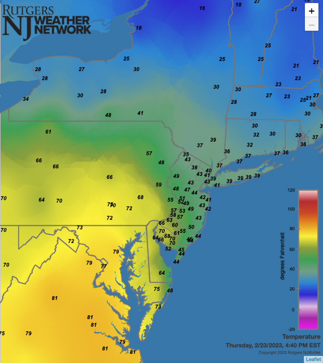 Figure 4. Temperatures across the Northeast and Mid-Atlantic at 4:40 PM on February 23rd. Temperatures across the Northeast and Mid-Atlantic at 4:40 PM on February 23rd.