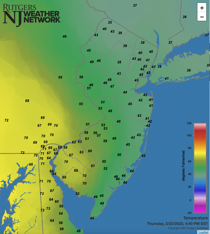 Figure 3. Temperatures across NJ and nearby states at 4:40 PM on February 23rd. Temperatures across NJ and nearby states at 4:40 PM on February 23rd.