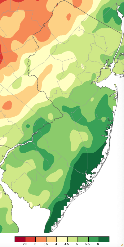 Figure 6. Precipitation across New Jersey based on a PRISM (Oregon State University) analysis generated using NWS Cooperative, CoCoRaHS, NJWxNet, and other professional weather station observations from 7 AM on February 28th to 8 AM on April 1st. Note the scale in inches at the bottom of the map. Totals range from 2.00”–2.49” (dark red) to 6.00”–6.49” (dark green). Adding the 24 hours from 8 AM March 31st to 8 AM April 1st changes the monthly map in Figure 1 considerably. All values from 2.00”-2.99” disappear and the area of 6.00”-6.49” totals increase considerably. Precipitation across New Jersey based on a PRISM (Oregon State University) analysis generated using NWS Cooperative, CoCoRaHS, NJWxNet, and other professional weather station observations from 7 AM on February 28th to 8 AM on April 1st.