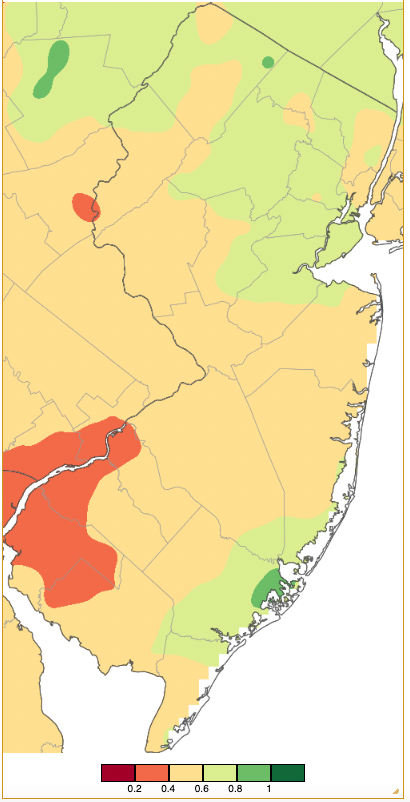 Figure 8. Precipitation across New Jersey from 7 AM on February 27th through 7 AM February 28th based on a PRISM (Oregon State University) analysis generated using NWS Cooperative and CoCoRaHS observations. Note the scale in inches beneath the map. Precipitation across New Jersey from 7 AM on February 27th through 7 AM February 28th based on a PRISM (Oregon State University) analysis generated using NWS Cooperative and CoCoRaHS observations.