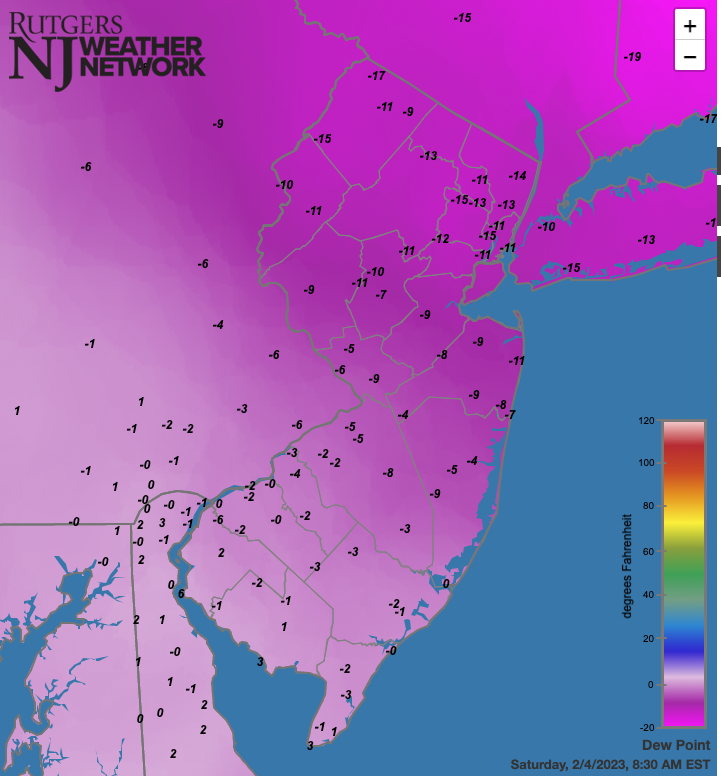 Figure 6. Dew point temperatures across NJ and nearby states at 8:30AM on February 4th. Dew point temperatures across NJ and nearby states at 8:30AM on February 4th.