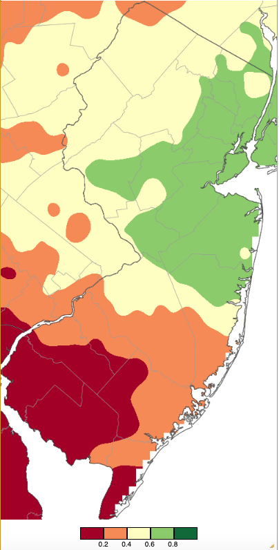 Figure 3. Precipitation across New Jersey from 7 AM on February 8th through 7 AM February 9th based on a PRISM (Oregon State University) analysis generated using NWS Cooperative, CoCoRaHS, NJWxNet, and other professional weather station observations. Note the scale in inches beneath the map is the same as in Figure 2. Precipitation across New Jersey from 7 AM on February 8th through 7 AM February 9th based on a PRISM (Oregon State University) analysis generated using NWS Cooperative, CoCoRaHS, NJWxNet, and other professional weather station observations.