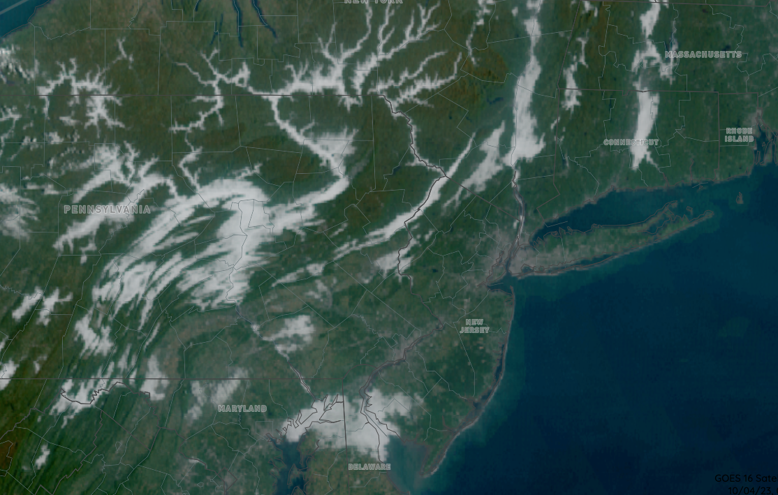 Figure 6. Valley fog in the Northeast at 9:30 AM on October 4th. Some clouds outside of valleys is seen from northeast Maryland east to Cumberland County, NJ (NOAA GOES). Valley fog in the Northeast at 9:30 AM on October 4th. Some clouds outside of valleys is seen from northeast Maryland east to Cumberland County, NJ (NOAA GOES).