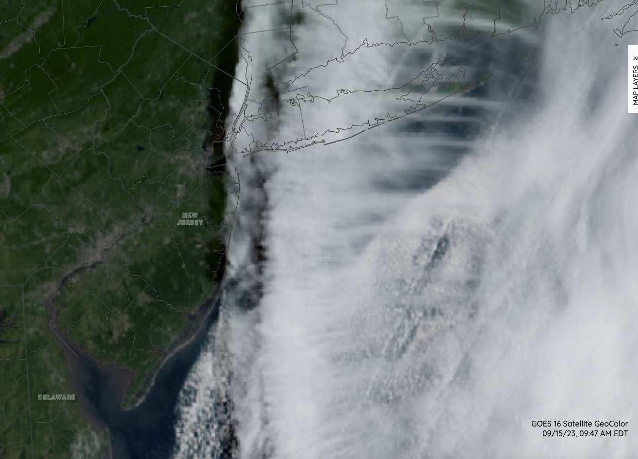 Figure 3. NOAA GOES visible image at 9:47 AM EDT on September 15 showing the western periphery of Hurricane Lee and the shadow being cast just to the west of the cloud line over eastern NJ. NOAA GOES visible image at 9:47 AM EDT on September 15 showing the western periphery of Hurricane Lee and the shadow being cast just to the west of the cloud line over eastern NJ.
