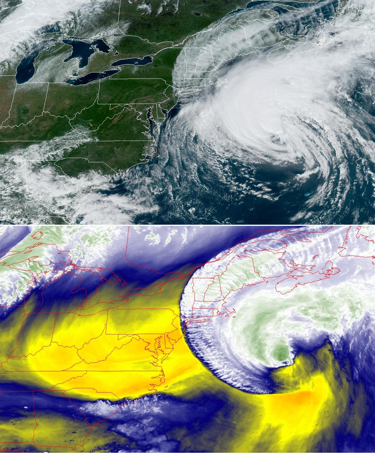 Figure 5. Top: NOAA GOES visible image showing Hurricane Lee off the East Coast at 2:31 PM EDT on September 15th. Bottom: NOAA GOES water vapor image at 2:31 PM EDT with the driest air as yellow/orange shades and wettest as green. Notice the dry air getting entrained into Lee, contributing to a weakening of the storm. Top: NOAA GOES visible image showing Hurricane Lee off the East Coast at 2:31 PM EDT on September 15th. Bottom: NOAA GOES water vapor image at 2:31 PM EDT with the driest air as yellow/orange shades and wettest as green. Notice the dry air getting entrained into Lee, contributing to a weakening of the storm.
