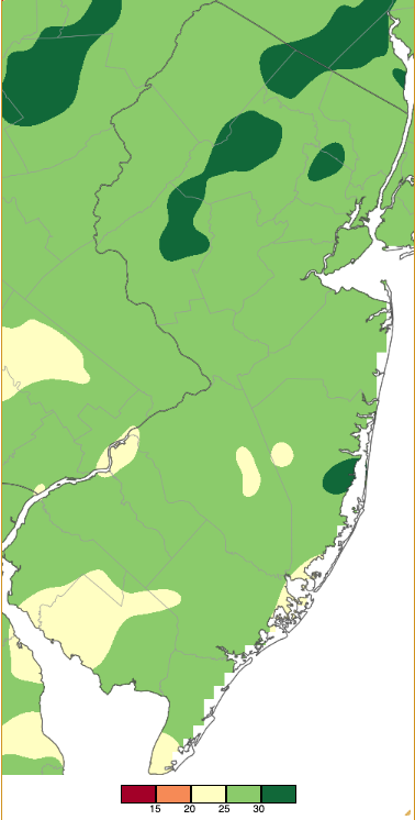 January–June 2024 precipitation across New Jersey based on a PRISM (Oregon State University) analysis generated using NWS Cooperative, CoCoRaHS, NJWxNet, and other professional weather station observations from 7 AM on December 31st to 8 AM on June 30th.