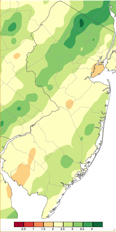 Figure 6. Precipitation across New Jersey from 7 AM on January 9th through 7 AM January 10th based on a PRISM (Oregon State University) analysis generated using NWS Cooperative, CoCoRaHS, NJWxNet, and other professional weather station observations. Note the scale in inches at the bottom of the map. Totals range from 0.00”–0.49” (dark red) to 4.00”–4.49” (dark green). Precipitation across New Jersey from 7 AM on January 9th through 7 AM January 10th based on a PRISM (Oregon State University) analysis generated using NWS Cooperative, CoCoRaHS, NJWxNet, and other professional weather station observations.