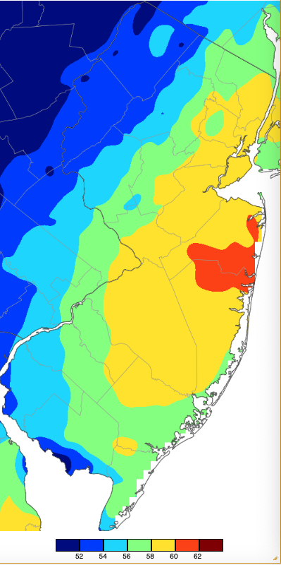 Figure 15. Maximum temperatures on January 13th based on a PRISM (Oregon State University) analysis generated using NWS, NJWxNet, and other professional weather stations. Note the 2° scale beneath the map. Maximum temperatures on January 13th based on a PRISM (Oregon State University) analysis generated using NWS, NJWxNet, and other professional weather stations.