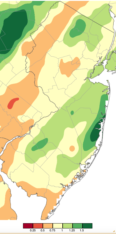 Figure 9. Precipitation across New Jersey from 7 AM on January 12th through 7 AM January 13th based on a PRISM (Oregon State University) analysis generated using NWS Cooperative, CoCoRaHS, NJWxNet, and other professional weather station observations. Note the scale in inches at the bottom of the map. Totals range from 0.00”–0.24” (dark red) to 1.50”–1.74” (dark green; same as Figure 2). Precipitation across New Jersey from 7 AM on January 12th through 7 AM January 13th based on a PRISM (Oregon State University) analysis generated using NWS Cooperative, CoCoRaHS, NJWxNet, and other professional weather station observations.