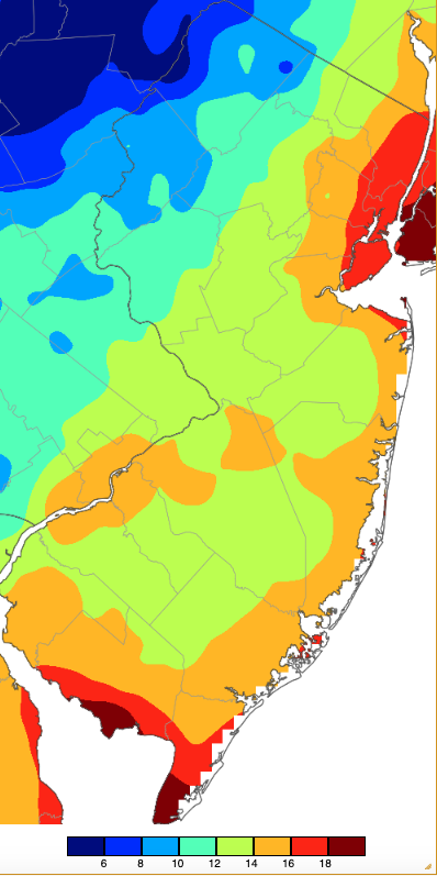 Figure 17. Minimum temperatures on January 17th based on a PRISM (Oregon State University) analysis generated using NWS, NJWxNet, and other professional weather stations. Minimum temperatures on January 17th based on a PRISM (Oregon State University) analysis generated using NWS, NJWxNet, and other professional weather stations.