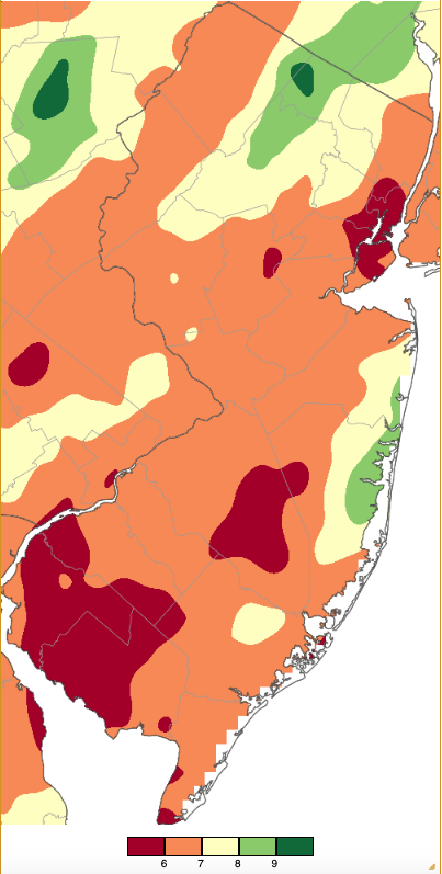 Figure 1. January 2024 precipitation across New Jersey based on a PRISM (Oregon State University) analysis generated using NWS Cooperative, CoCoRaHS, NJWxNet, and other professional weather station observations from approximately 7 AM on December 31, 2023 to 7 AM on January 31, 2024. Note the scale in inches at the bottom of the map. Totals range from 5.00”–5.99” (dark red) to 9.00”–9.99” (dark green). anuary 2024 precipitation across New Jersey based on a PRISM (Oregon State University) analysis generated using NWS Cooperative, CoCoRaHS, NJWxNet, and other professional weather station observations from approximately 7 AM on December 31, 2023 to 7 AM on January 31, 2024.