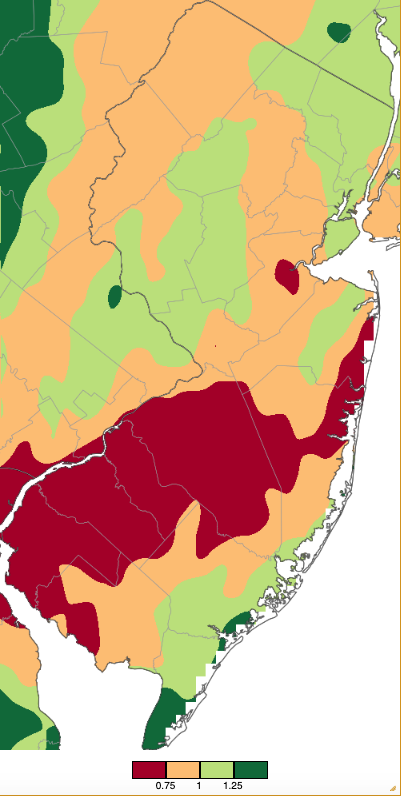 Figure 1. January 2025 precipitation across New Jersey based on a PRISM (Oregon State University) analysis generated using NWS Cooperative, CoCoRaHS, NJWxNet, and other professional weather station observations from approximately 7 AM on December 31, 2024 to 7 AM on January 31, 2025. Includes rain that fell during the PM hours of December 31st but not the PM hours of January 31st. Note the scale in inches at the bottom of the map. Totals range from 0.50–0.74” (dark red) to 1.25–1.49” (dark green). January 2025 precipitation map across New Jersey based on a PRISM (Oregon State University) analysis generated using NWS Cooperative, CoCoRaHS, NJWxNet, and other professional weather station observations from approximately 7 AM on December 31, 2024 to 7 AM on January 31, 2025.
