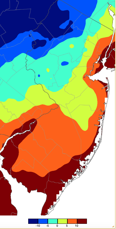 Figure 3. Minimum temperatures on January 22nd based on a PRISM (Oregon State University) analysis generated using NWS, NJWxNet, and other professional weather stations. Note the 5° scale beneath the map.. Minimum temperature map for January 22nd based on a PRISM (Oregon State University) analysis generated using NWS, NJWxNet, and other professional weather stations.