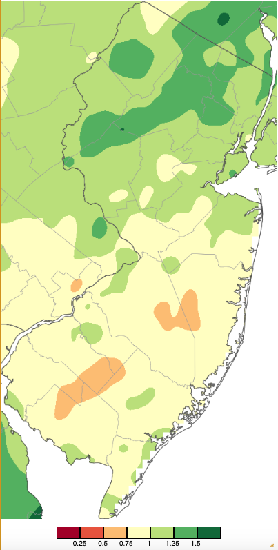 Figure 14. Precipitation across New Jersey from 7 AM on January 27th through 7 AM January 29th based on a PRISM (Oregon State University) analysis generated using NWS Cooperative, CoCoRaHS, NJWxNet, and other professional weather station observations. Note the scale in inches at the bottom of the map. Totals range from 0.00”–0.24” (dark red) to 1.50”–1.74” (dark green; same as Figures 2 and 9). Precipitation across New Jersey from 7 AM on January 27th through 7 AM January 29th based on a PRISM (Oregon State University) analysis generated using NWS Cooperative, CoCoRaHS, NJWxNet, and other professional weather station observations.
