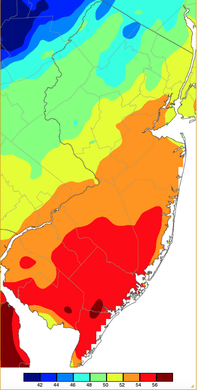 Figure 2. Maximum temperatures on January 29th based on a PRISM (Oregon State University) analysis generated using NWS, NJWxNet, and other professional weather stations. Note the 2° scale beneath the map. Maximum temperature map for January 29th based on a PRISM (Oregon State University) analysis generated using NWS, NJWxNet, and other professional weather stations.