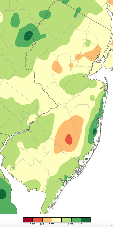 Figure 2. Precipitation across New Jersey from 7 AM on January 6th through 7 AM January 8th based on a PRISM (Oregon State University) analysis generated using NWS Cooperative, CoCoRaHS, NJWxNet, and other professional weather station observations. Note the scale in inches at the bottom of the map. Totals range from 0.00”–0.24” (dark red) to 1.50”–1.74” (dark green). Precipitation across New Jersey from 7 AM on January 6th through 7 AM January 8th based on a PRISM (Oregon State University) analysis generated using NWS Cooperative, CoCoRaHS, NJWxNet, and other professional weather station observations.