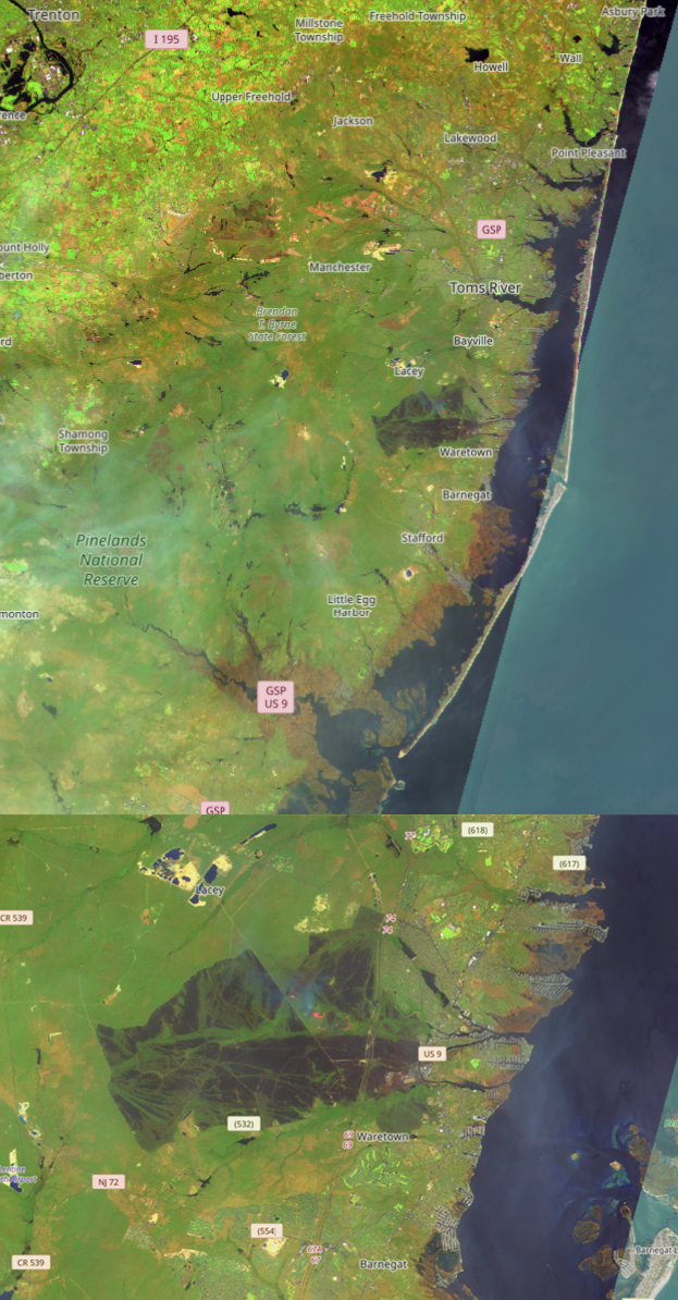 Figure 13. European Space Agency Sentinel 2 satellite image showing the extent of the Jones Road wildfire (black) on April 24th, 2025. Wide view is presented on top, with a zoomed-in view on the bottom. European Space Agency Sentinel 2 satellite image showing the extent of the Jones Road wildfire (black) on April 24th, 2025.