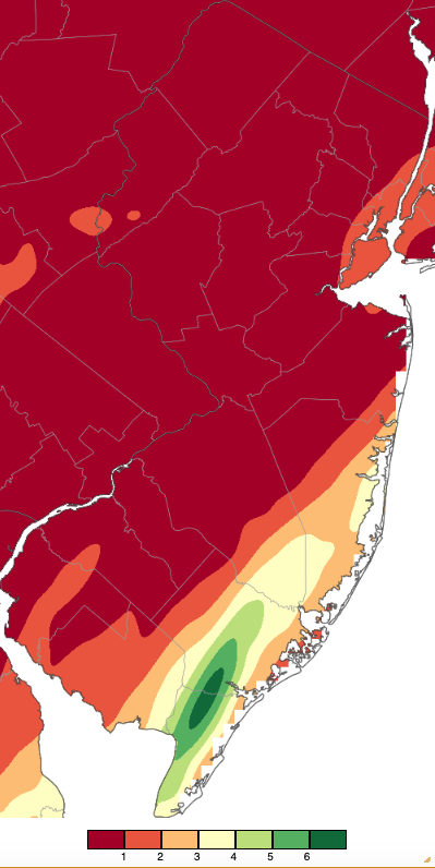 Figure 7. Precipitation across New Jersey from 8 AM on July 11th through 8 AM July 14th based on a PRISM (Oregon State University) analysis generated using NWS Cooperative, CoCoRaHS, NJWxNet, and other professional weather station observations. Note that the scale in inches beneath the map differs from Figure 6. Precipitation across New Jersey from 8 AM on July 11th through 8 AM July 14th based on a PRISM (Oregon State University) analysis generated using NWS Cooperative, CoCoRaHS, NJWxNet, and other professional weather station observations.