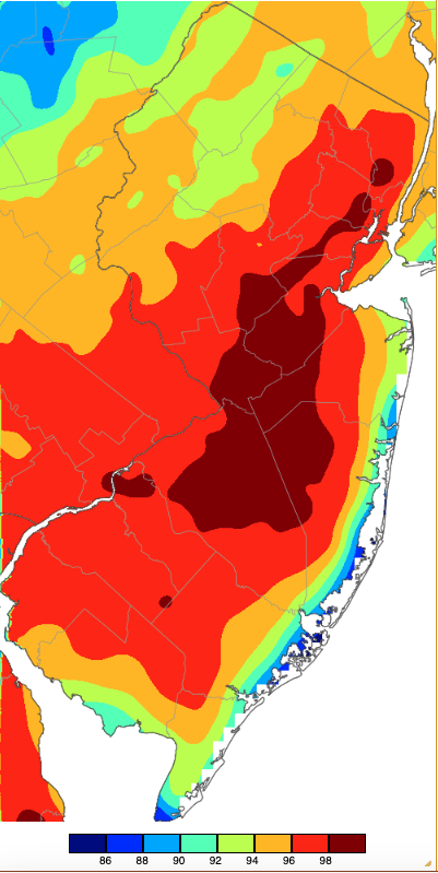 Figure 2. Maximum temperatures on July 16th based on a PRISM (Oregon State University) analysis generated using NWS, NJWxNet, and other professional weather stations. Note the 2° scale beneath the map. Maximum temperatures on July 16th based on a PRISM (Oregon State University) analysis generated using NWS, NJWxNet, and other professional weather stations.