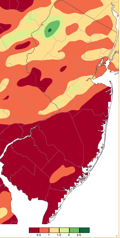 Figure 8. Precipitation across New Jersey from 8 AM on July 17th through 8 AM July 18th based on a PRISM (Oregon State University) analysis generated using NWS Cooperative, CoCoRaHS, NJWxNet, and other professional weather station observations. Note that the scale in inches beneath the map is the same as in Figure 6. Precipitation across New Jersey from 8 AM on July 17th through 8 AM July 18th based on a PRISM (Oregon State University) analysis generated using NWS Cooperative, CoCoRaHS, NJWxNet, and other professional weather station observations.