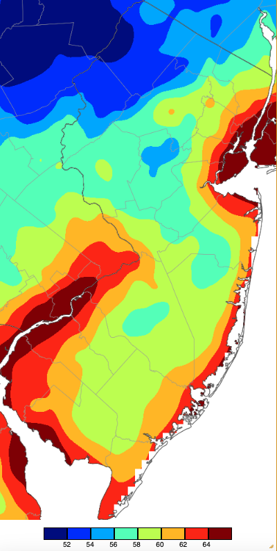 Figure 5. Minimum temperatures on July 2nd based on a PRISM (Oregon State University) analysis generated using NWS, NJWxNet, and other professional weather stations. Note the 2° scale beneath the map. Minimum temperatures on July 2nd based on a PRISM (Oregon State University) analysis generated using NWS, NJWxNet, and other professional weather stations.