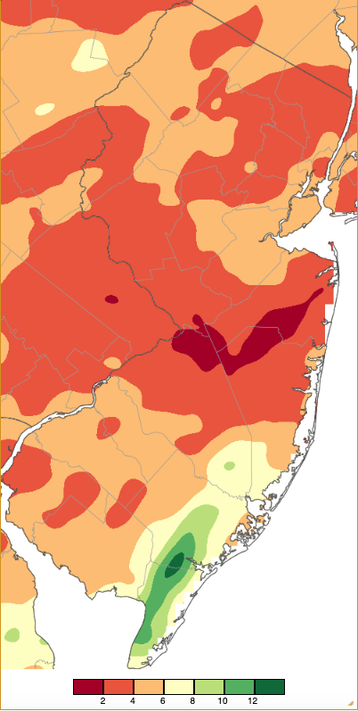 Figure 1. July 2024 precipitation across New Jersey based on a PRISM (Oregon State University) analysis generated using NWS Cooperative, CoCoRaHS, NJWxNet, and other professional weather station observations from approximately 8 AM on June 30th to 8 AM on July 31st. Note the scale in inches at the bottom of the map. Totals range from 0.00”–1.99” (dark red) to 12.00”–13.99” (dark green). July 2024 precipitation across New Jersey based on a PRISM (Oregon State University) analysis generated using NWS Cooperative, CoCoRaHS, NJWxNet, and other professional weather station observations from approximately 8 AM on June 30th to 8 AM on July 31st.