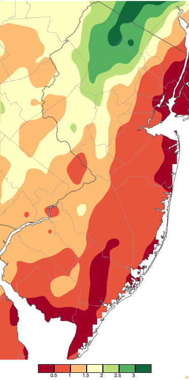 Figure 9. Precipitation across New Jersey from 8 AM on May 30th through 8 AM June 1st based on a PRISM (Oregon State University) analysis generated using NWS Cooperative, CoCoRaHS, NJWxNet, and other professional weather station observations. Precipitation across New Jersey from 8 AM on May 30th through 8 AM June 1st based on a PRISM (Oregon State University) analysis generated using NWS Cooperative, CoCoRaHS, NJWxNet, and other professional weather station observations.